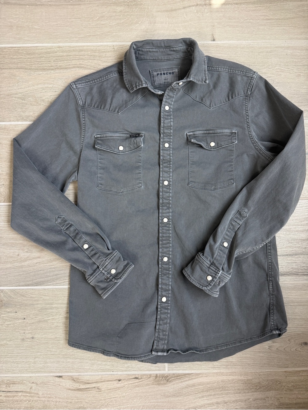 Poncho Mens Western Pearl Snap Shirt Medium Slim Fit Gray Stretch Cotton